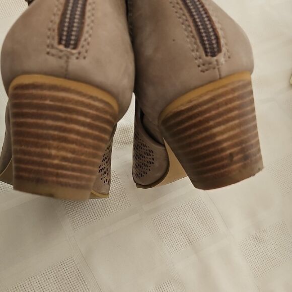 Earth Tan Heeled Boots with Peep-Toe Design - Picture 12 of 16